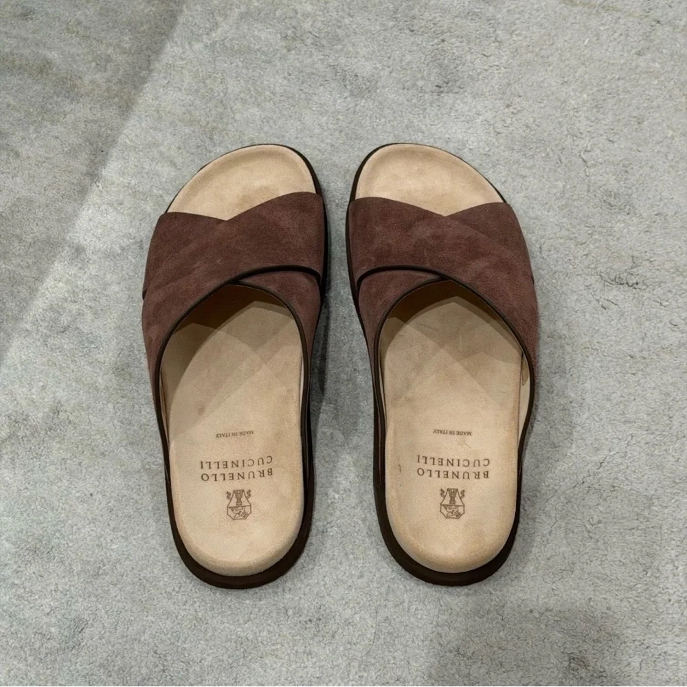 Brunello Cucinelli Brown Crossover Suede Slide Sandals